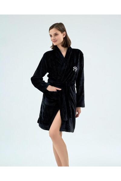 Sevim 17006 Black Short Fleece Dressing Gown with Paw Print and Heart Pockets