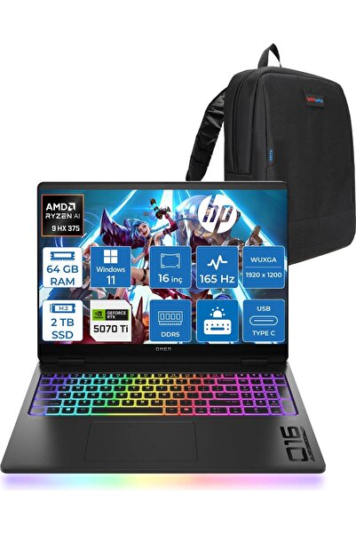 HP Omen Max 16-AK0005NT AI R9 HX375 64GB 2tb 12GB/RTX5070Tİ 16" 400 Nit W11Ho...