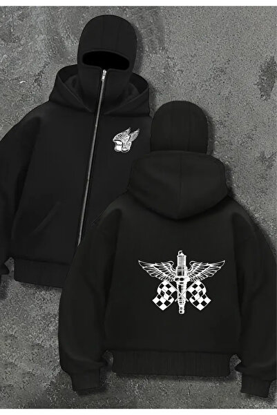 Touz Moda Мотоциклетна маска Детайлна прекалено голяма черна унисекс качулка с цип