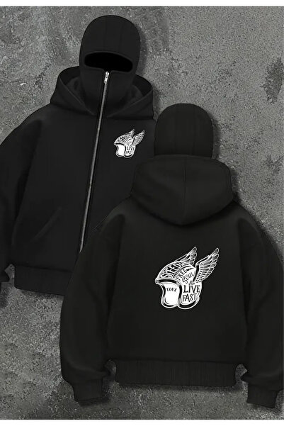 Touz Moda Мотоциклетна маска Детайлна прекалено голяма черна унисекс качулка с цип