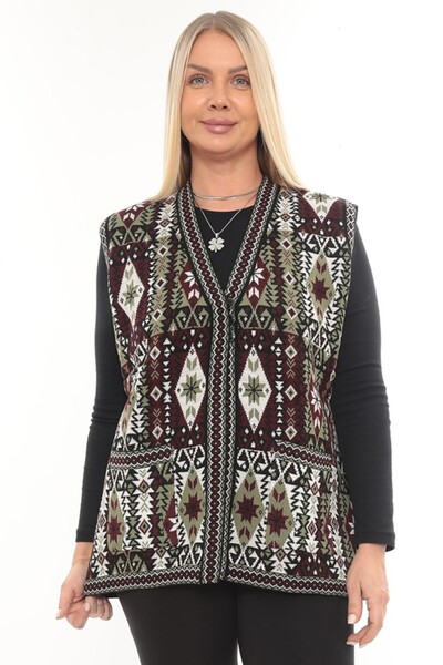 İKSUN Women's Ethnic Style Knitwear Knitted Kilim Pocketed Winter Thick Mother Vest
