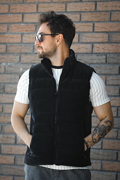 Oksit Lordy Knitted Detailed Pocketed Stand Collar Nova Shiny Fabric Men's Puffer Vest