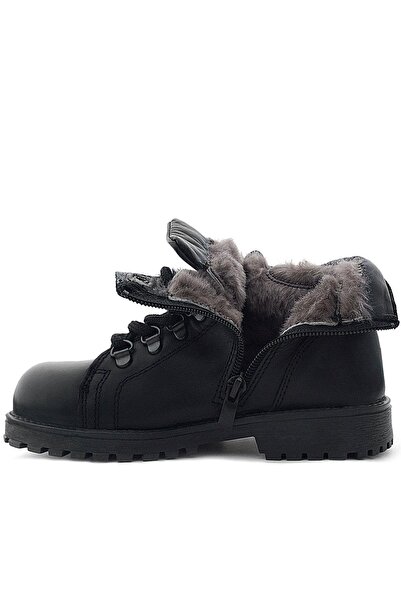 Rakerplus Hakiki Deri Siyah Gerçek Kürklü Bağcıklı Fermuarlı Çocuk Botu