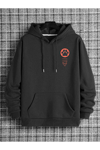 Deep sense سويت شيرت أسود بغطاء للرأس للرجال مطبوع عليه قطة الساموراي