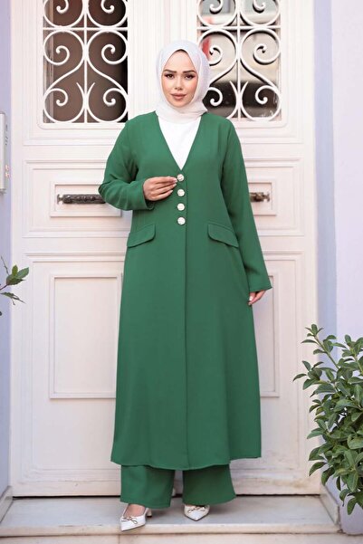 N.S NEVA STYLE طقم ثلاثي من الملابس الإسلامية الخضراء مع سترة 7678Y