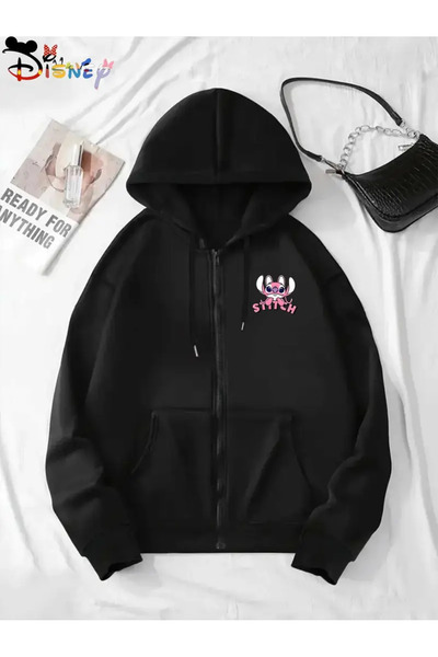 AEMİ Φούτερ με φερμουάρ με μπλε στάμπα Unisex, με μαύρη κουκούλα (αποστέλλεται με μονότομο πακέτο.)