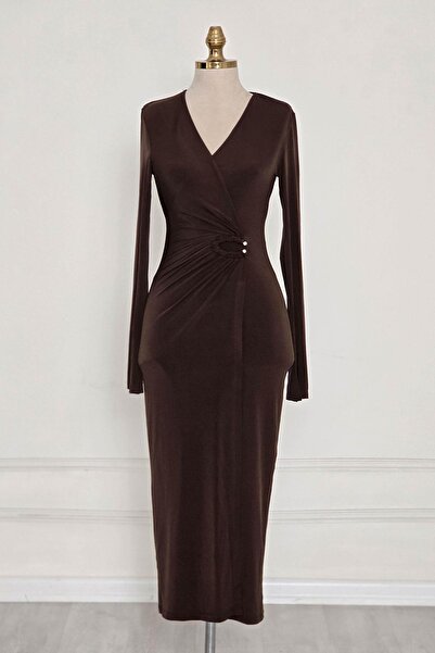 Yonca Moda Evi Kahverengi Bel Tokalı Kruvaze Elbise 252653