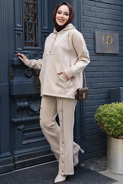 N.S NEVA STYLE Μπεζ Μαντίλα με κουκούλα Scuba Διπλό Σετ 12312BEJ