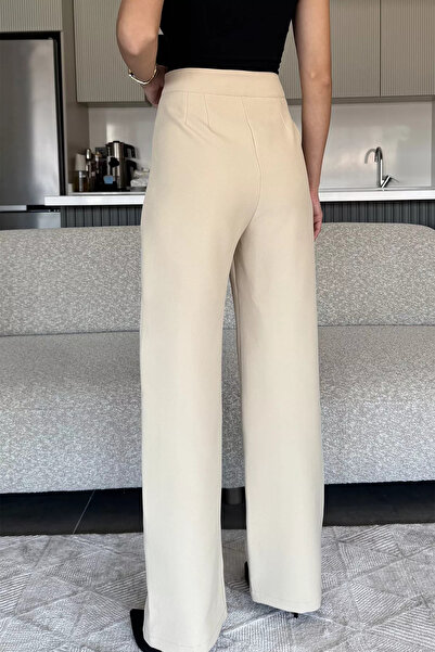 julude Beige Women's Wide Leg Fabric Pants