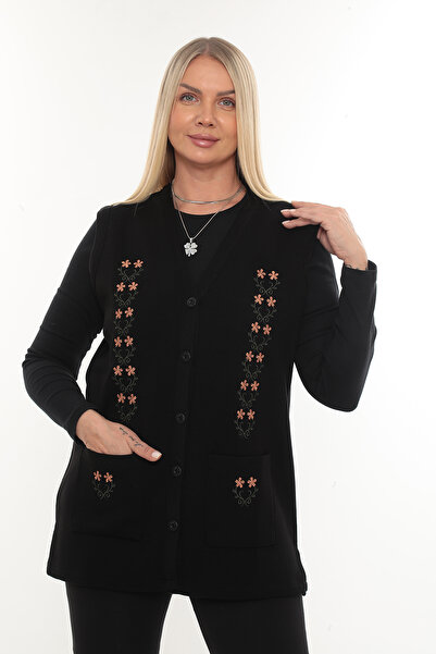 İKSUN Tricotaj de iarnă cu broderie cu trandafiri, tricotaj gros din oțel, cu buzunare cu nasturi, vestă pentru mamă