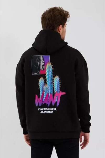 babatr.com Hanorac oversize cu glugă cu trei fire pentru bărbați - negru