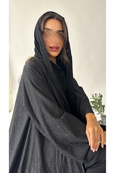 outline Black two-layer chiffon abaya with a double-cloche sheen