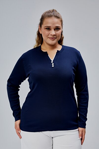BANEGA Curve Plus Size 100% Cotton Lycra Crew Neck Basic Plain Long Sleeve Navy Blue Blouse