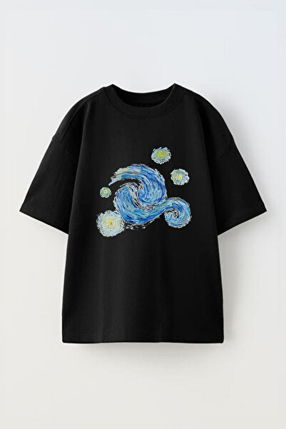 Anetos Tricou Van Gogh 1 cu imprimeu unisex din bumbac negru supradimensionat