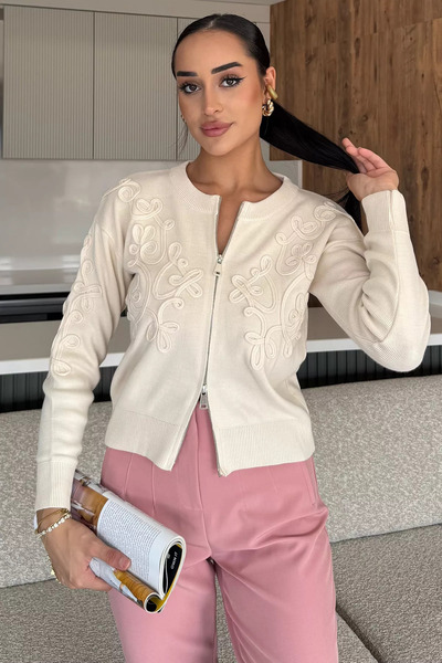 julude Cream Women's Zippered Knitwear Cardigan (Available in S-M-L)