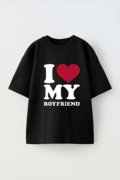 Anetos Μπλουζάκι I Love Boyfriends με τύπωμα Unisex Βαμβακερό Μαύρο oversized