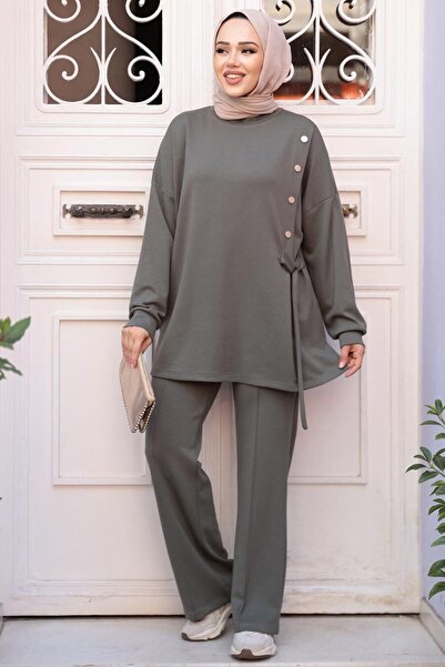 N.S NEVA STYLE Διπλό Σετ Χακί Τεσσέτρο με Λεπτομέρεια με Κουμπιά 13261HK