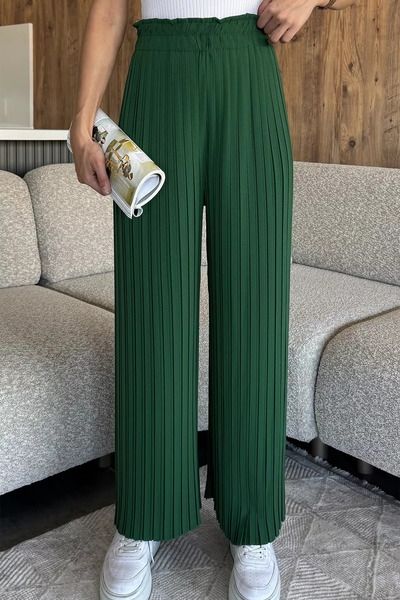 julude Green Women's Elastic Waist Pleated Loose Fit Trousers