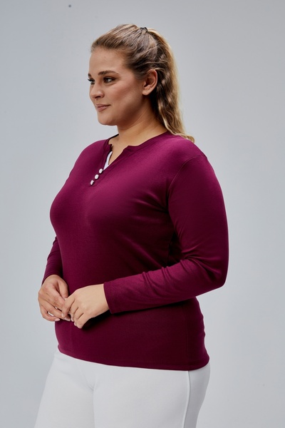 BANEGA Curve Plus Size 100% Cotton Lycra Crew Neck Basic Plain Long Sleeve Purple Blouse