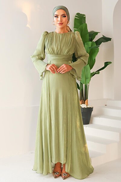 Olcay Yoryo Silk Hijab Evening Dress with Cape Skirt Çağla 1235