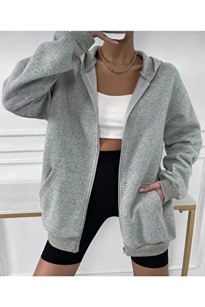 Deep sense Women's Winter Gray Sweatshirt Hooded Zippered Cardigan
