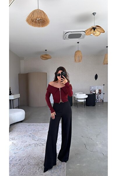 Buket Teke Siyah Gizli Kemer Palazzo Kumaş Pantolon