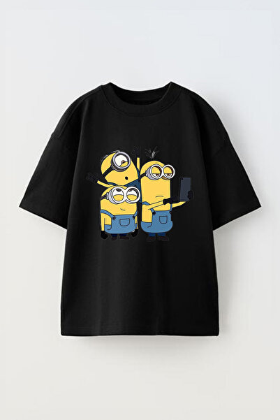 Anetos تي شيرت مينيوس مطبوع للجنسين من القطن باللون الأسود مقاس كبير