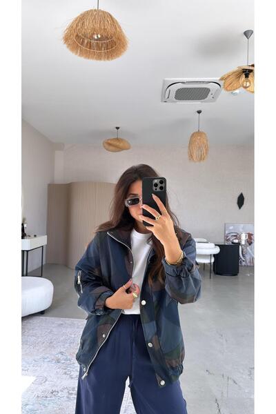 Buket Teke Zr Navy Blue Patterned Bomber Jacket