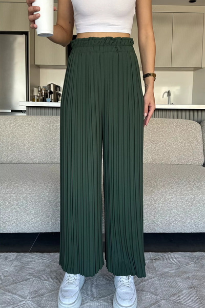 julude Emerald Green Women's Elastic Waist Pleated Loose Fit Trousers
