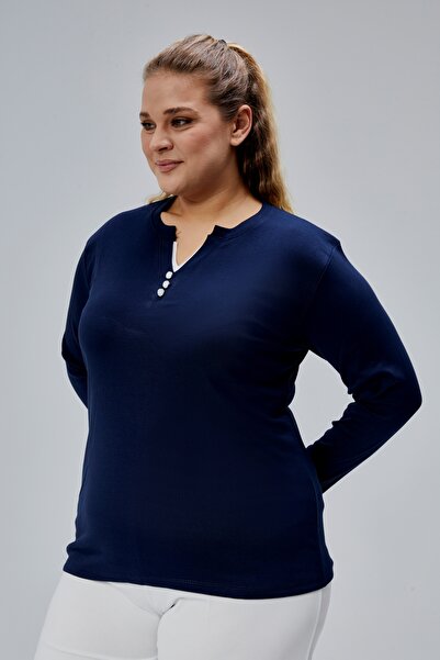 BANEGA Curve Plus Size 100% Cotton Lycra Crew Neck Basic Plain Long Sleeve Navy Blue Blouse