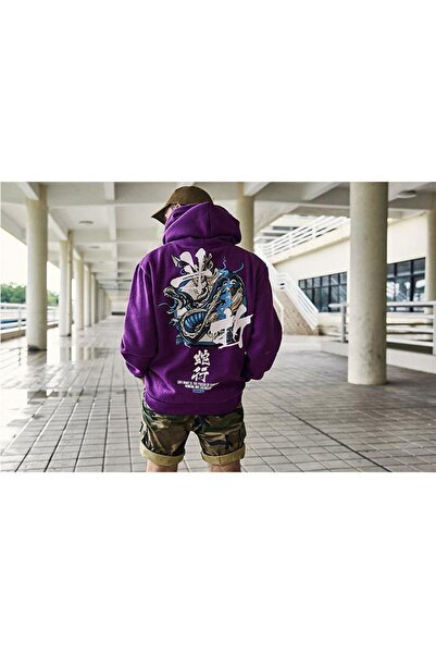 Deep sense Ανδρικό χειμερινό μωβ φούτερ με κουκούλα Πλάτη με τύπωμα Snake