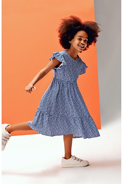 Brix Момичешка рокля с шарки и волани в тъмносин цвят