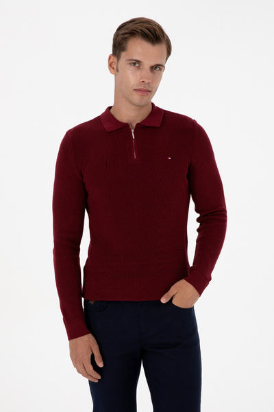 U.S. Polo Assn. Erkek Regular Fit Fermuarlı Bordo Basic Kazak 50313685-VR014