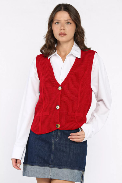 julude سترة تريكو نسائية حمراء بأزرار (تناسب المقاسات S-M-L-XL)