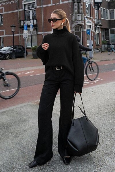 Madmext Black High-Necked Women's Knit Sweater Mg2535