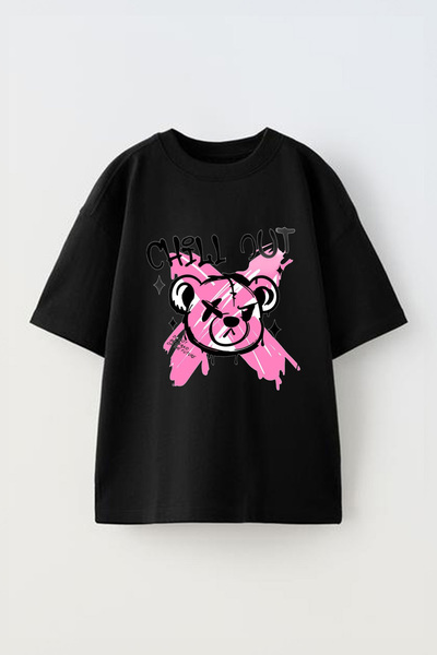 Anetos Μπλουζάκι Chıll Bear με τύπωμα Unisex Βαμβακερό Μαύρο oversized