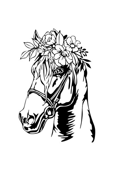 OEM Decor perete Cap de Cal cu Flori HH750 din lemn - 35 L x 53 H (cm)