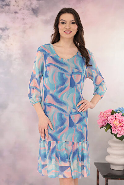 Trend Land Rochie din tulle cu print abstract roz-bleu si volanas la tiv