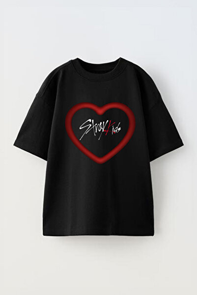 Anetos Tricou Stray Kids cu imprimeu unisex din bumbac negru supradimensionat