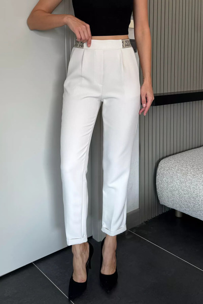 julude Ecru Elastic Waist Slim Fit Fabric Trousers with Text Detail