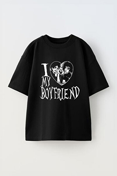 Anetos Tricou I Love Boyfirend cu imprimeu unisex din bumbac negru supradimen...