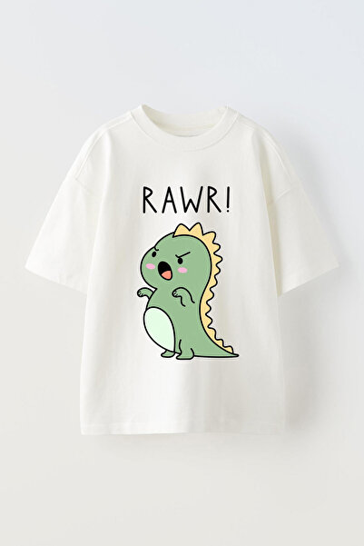 Anetos Tricou Rawr Dino cu imprimeu unisex din bumbac alb supradimensionat