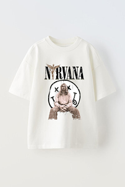 Anetos تي شيرت نيرفانا مطبوع للجنسين من القطن الأبيض مقاس كبير