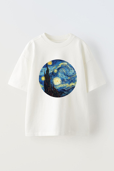 Anetos Tricou Van Gogh 3 cu imprimeu unisex din bumbac alb supradimensionat