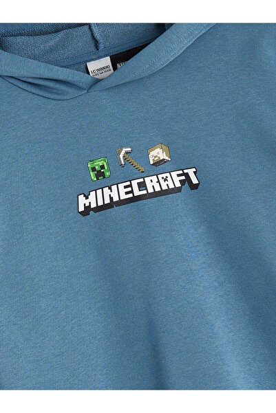 LC Waikiki Mavi Kapüşonlu Minecraft Baskılı Erkek Çocuk Sweatshirt