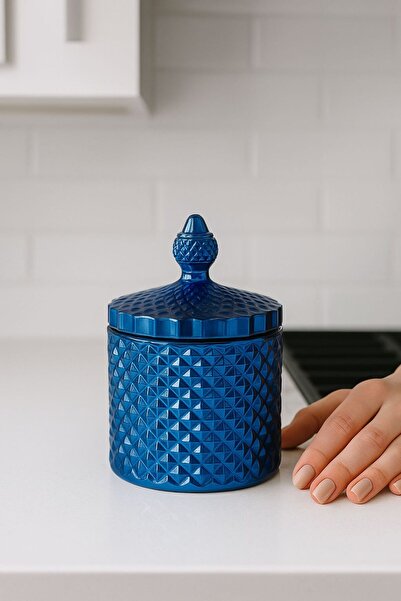 isra kristal Kristal İşlemeli Mavi Cam Lokumluk – Şık Kapaklı Şekerlik ve İkr...