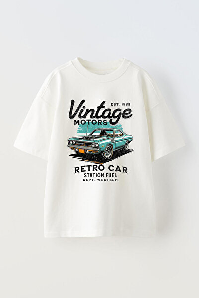 Anetos Μπλουζάκι Vintage Car με τύπωμα Unisex Βαμβακερό Λευκό oversized