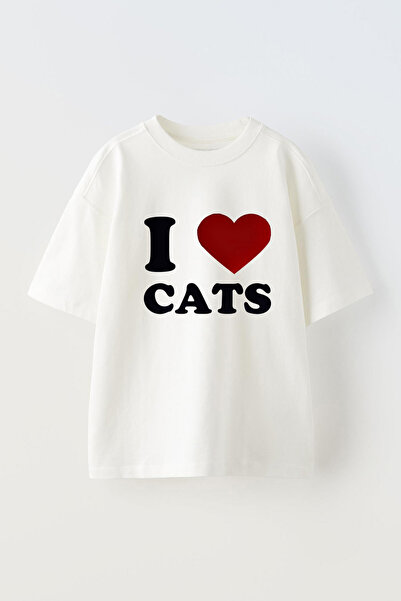 Anetos Tricou MeoW cu imprimeu unisex din bumbac alb supradimensionat