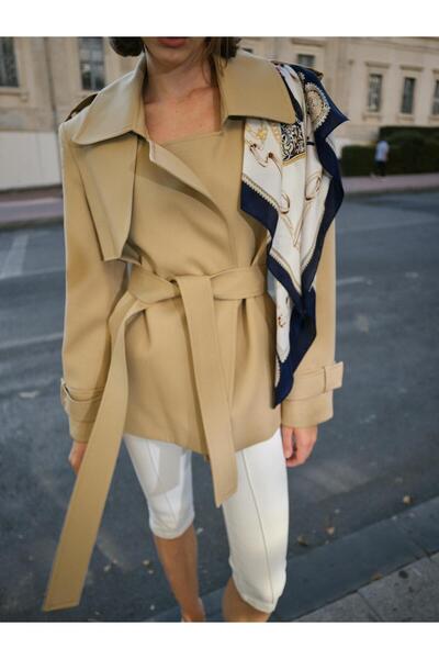 SERHANE Bej Kruvaze Belted Gabardine Premium Medium-Length Trench Coat