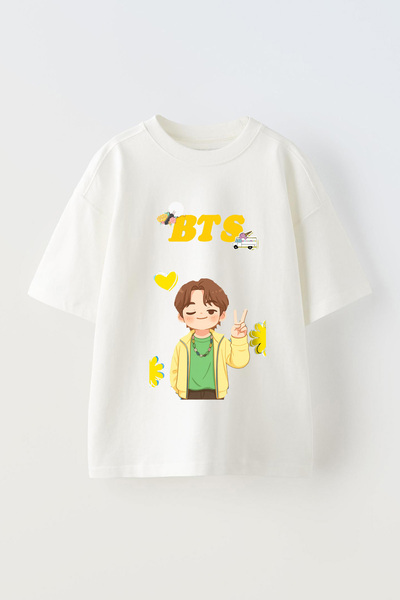 Anetos Tricou Bts 3 cu imprimeu unisex din bumbac alb supradimensionat